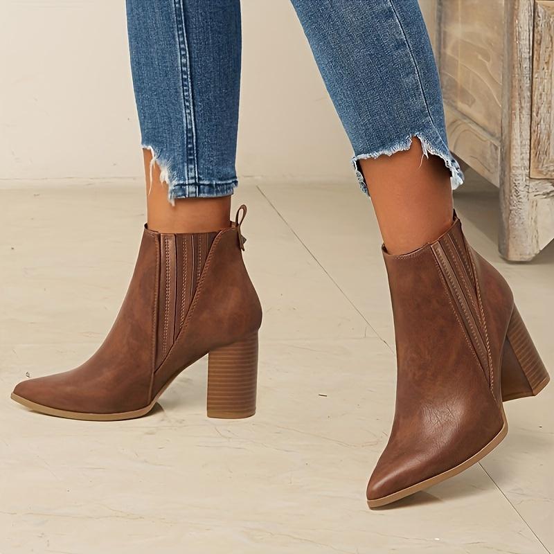 Women's Solid Color Trendy Boots, Slip On Casual Chunky Heel Ankle Boots, Point Toe Chelsea Boots