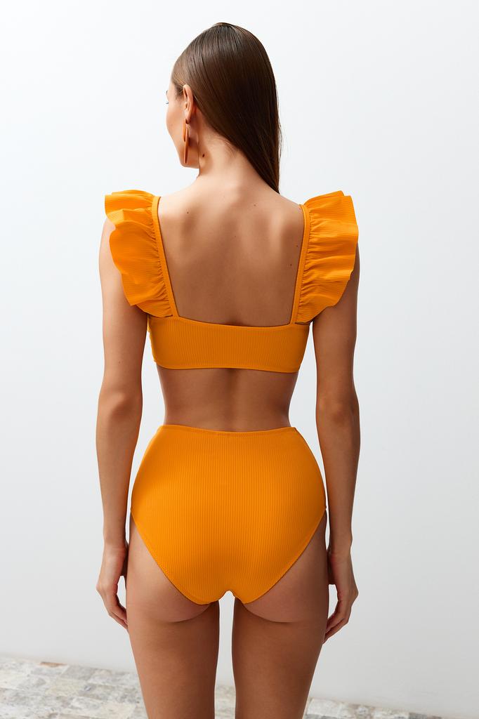 Women's New Season Bikini Set Orange Bralette Frilly Textured High Waist Hipster Bikini Set