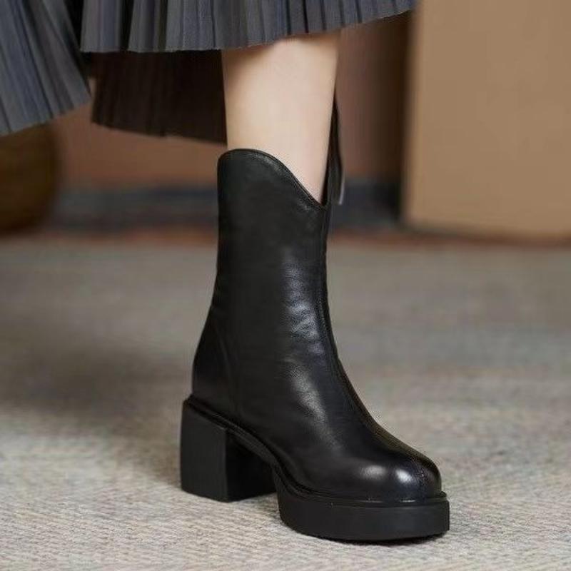

Модные кожаные полусапоги на среднем каблуке с круглым носком, теплые, женские, осенне-зимние, водонепроницаемые, шикарные и элегантные, горячие женские туфли до середины голени 35