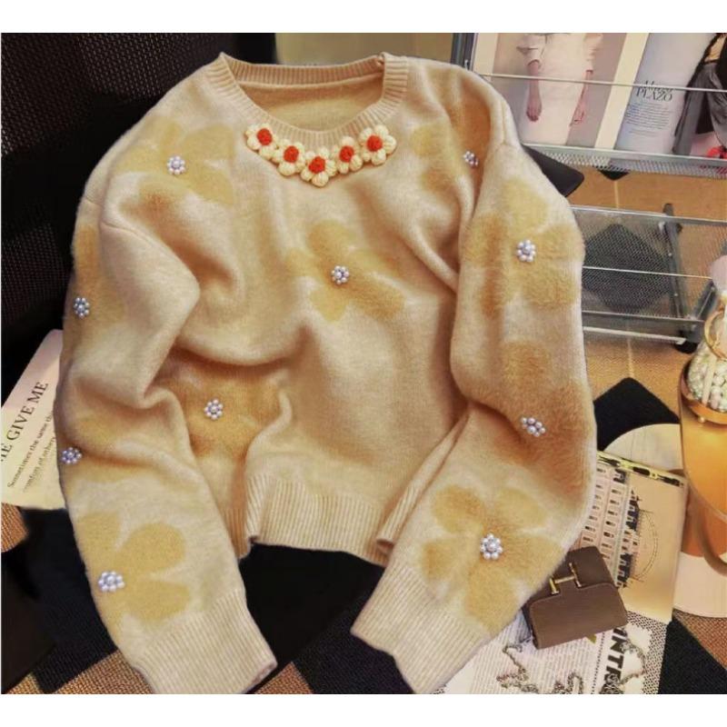 Faux Sable Soft Sweater Female Fall and Winter Fashion Beading Flowers Design Sense Niche Foreign-style Knit Sweater Female Comfortable and Versatile