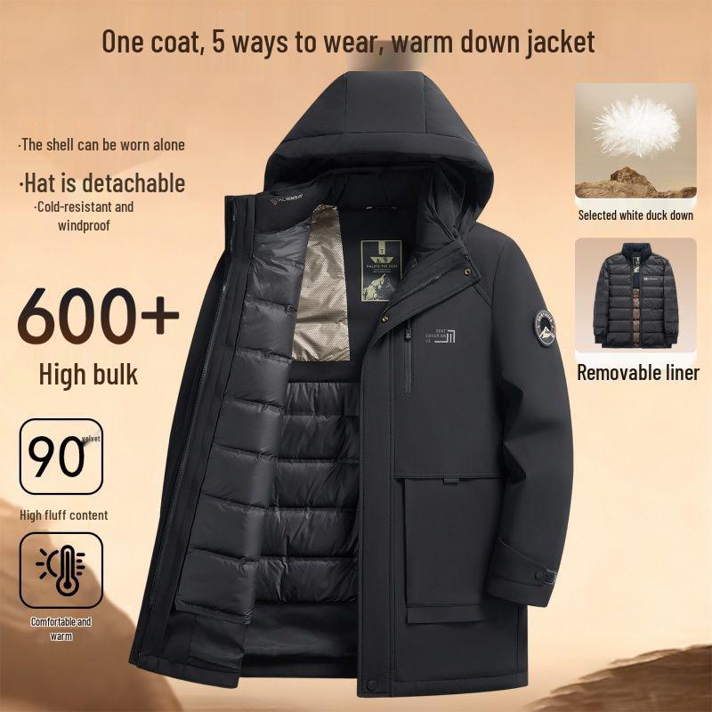 Men's Mid-Length Fitted Down Jacket with Detachable Liner - Business Casual Winter Wear