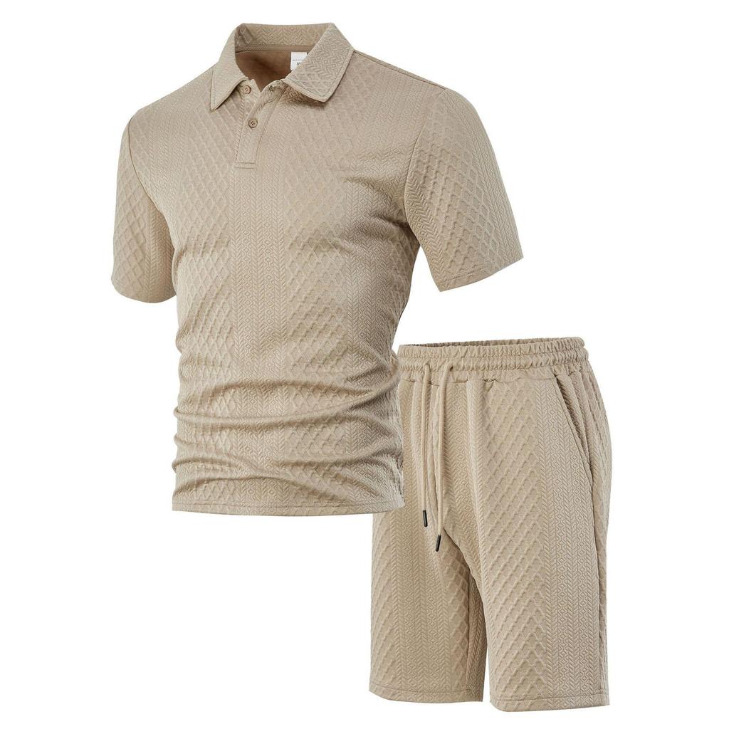Fashion Summer Men's Casual Trendy Solid Color 2 Piece Set Short Sleeve Turn-down Collar T-shirts Knee Length Short