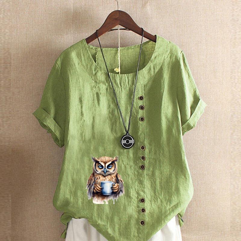 Women's Fashion Owl Prined Short Sleeve T-shirt Loose Cotton Shirt Casual Loose Summer Blouse Tops Plus Size
