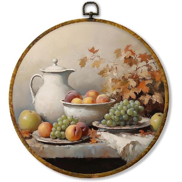 shiviody Fall Halloween Pumpkin Canvas Wall Art Decor, Autumn Halloween Hat Wall Art, Dark Moody Thanksgiving Round Hanging Frame Prints Decorations