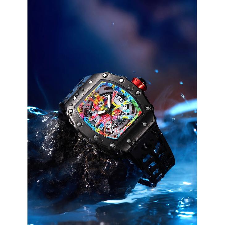 Luxury Watch Men Wrist Watches Tonneau Multifunction Graffiti Dial Auto Date Waterproof Sports Casual Clock Men Quartz Watches