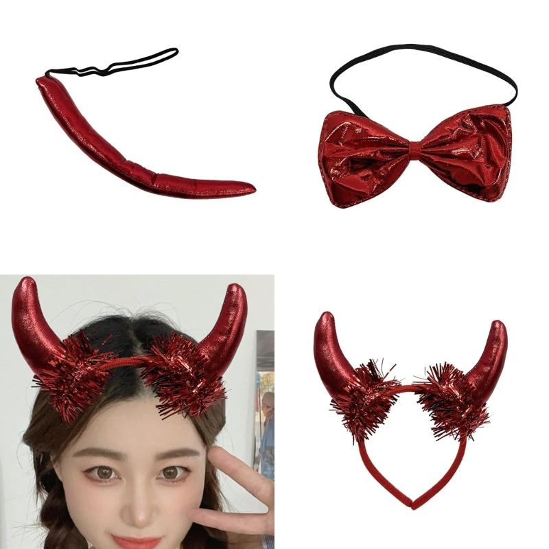 Halloween Devil Horn Headbands With Red Bows Ties Tails 3Pcs Cosplay Costume Party Dressing Up Accessories