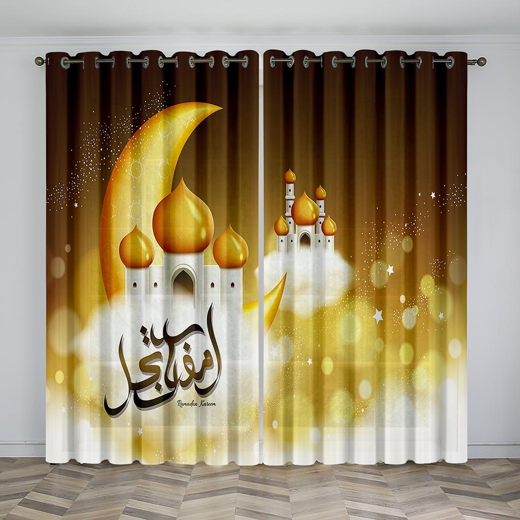 Eid Mubarak Ramadan  Lslamic Muslim Supplies Kareem 2 Pieces Shading Darkening Window Curtain for Living Room Bedroom Decor