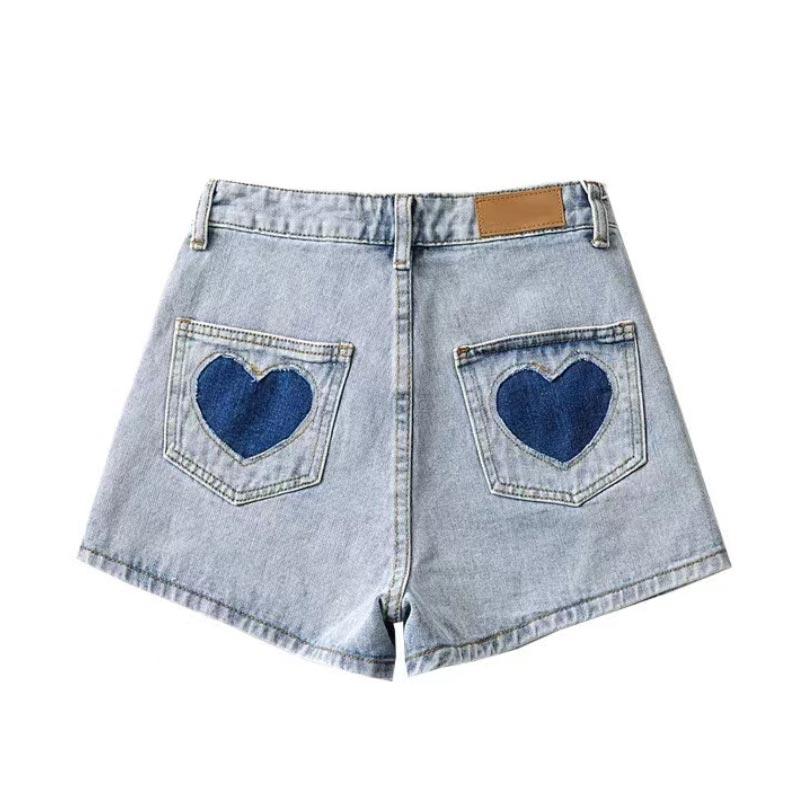 Street Style Heart Embroidery Denim Shorts Women Summer Wide-leg High Waist A-line Jeans Hot Pants Fashion Female Clothing