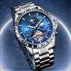 Herren-Mechanikuhren aus Edelstahl 3 ATM Wasserdicht Leuchtzeiger Blaue Sportuhr Mondphasen-Armbanduhr