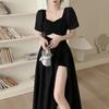 French Hollow Out Short Sleeve Black Maxi Dress Women Vintage Warm Square Collar A Line Dresses Female Summer Chic Vented Party Clothes Lady