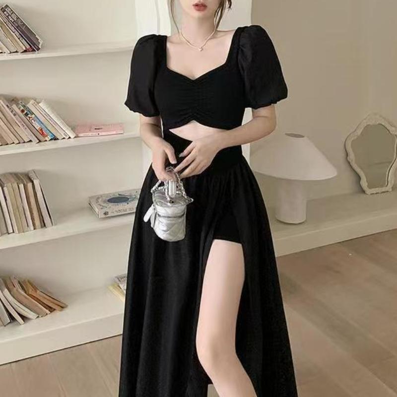 French Hollow Out Short Sleeve Black Maxi Dress Women Vintage Warm Square Collar A Line Dresses Female Summer Chic Vented Party Clothes Lady