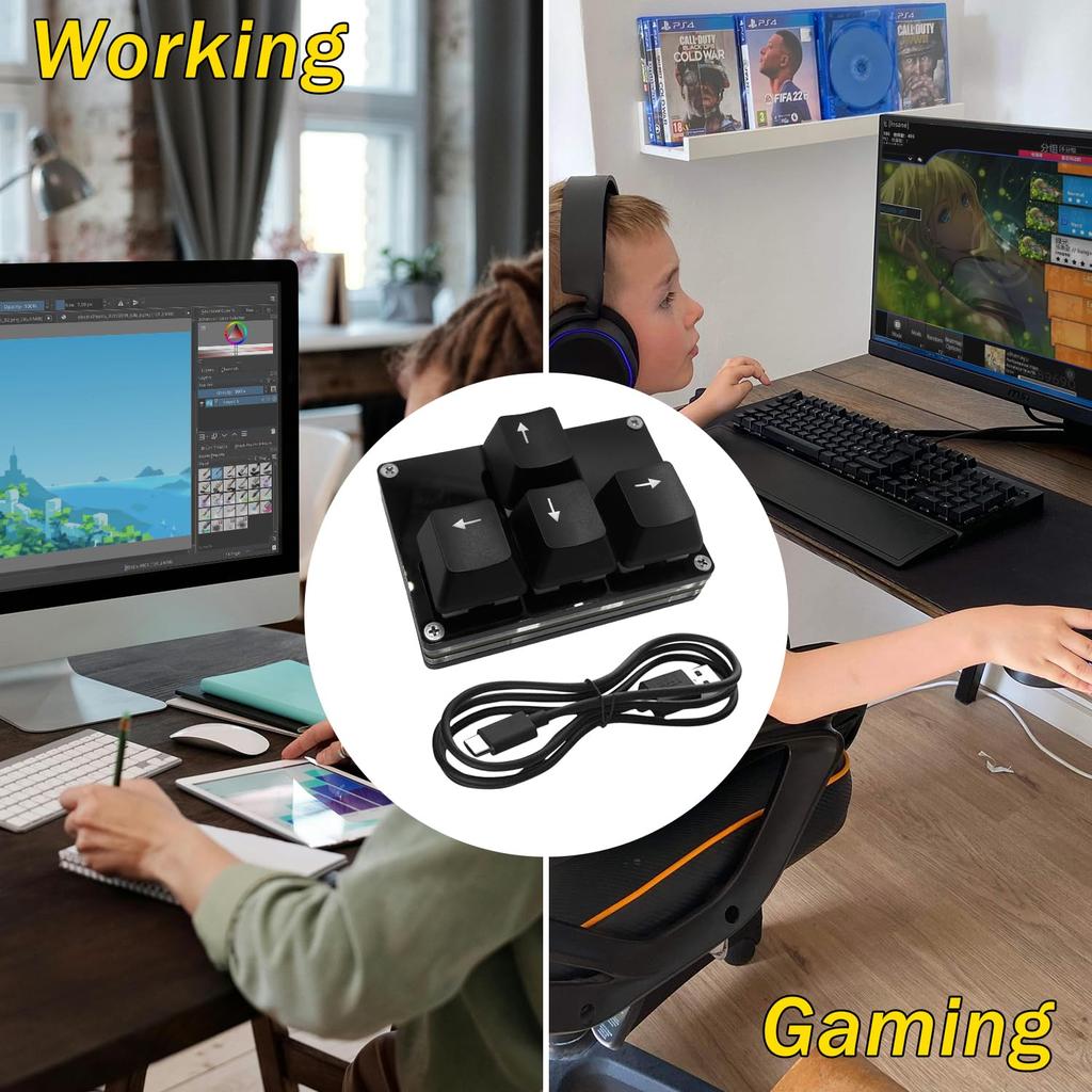 BTXETUEL Mini 4-Key Keypad with WASD and Arrow Keys, Keycaps, One-Handed Mechanical Gaming Keypad, Programmable USB-C, Customizable Keyboard for Work