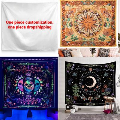 Custom Bohemian Tapestry Wall Hanging, Hippie Sun & Moon Design, Fluorescent Skull Print, Dorm Room Decor, Free Design & Samples