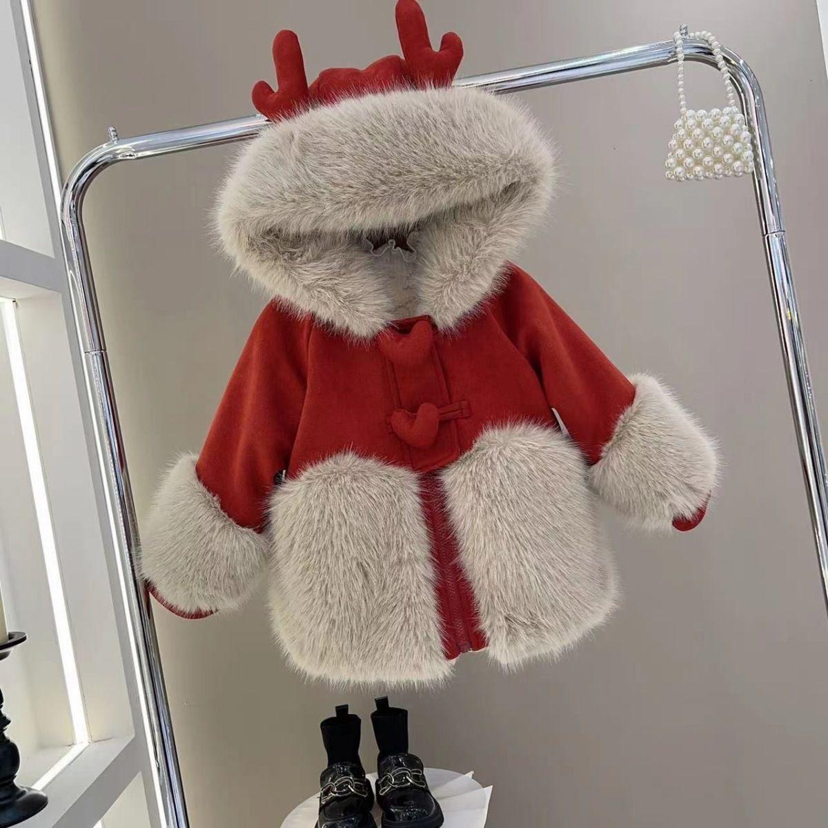 

Шерстяной свитер для девочек в корейском стиле с искусственным мехом – модное пальто осень/зима 2024 года. 100 cm