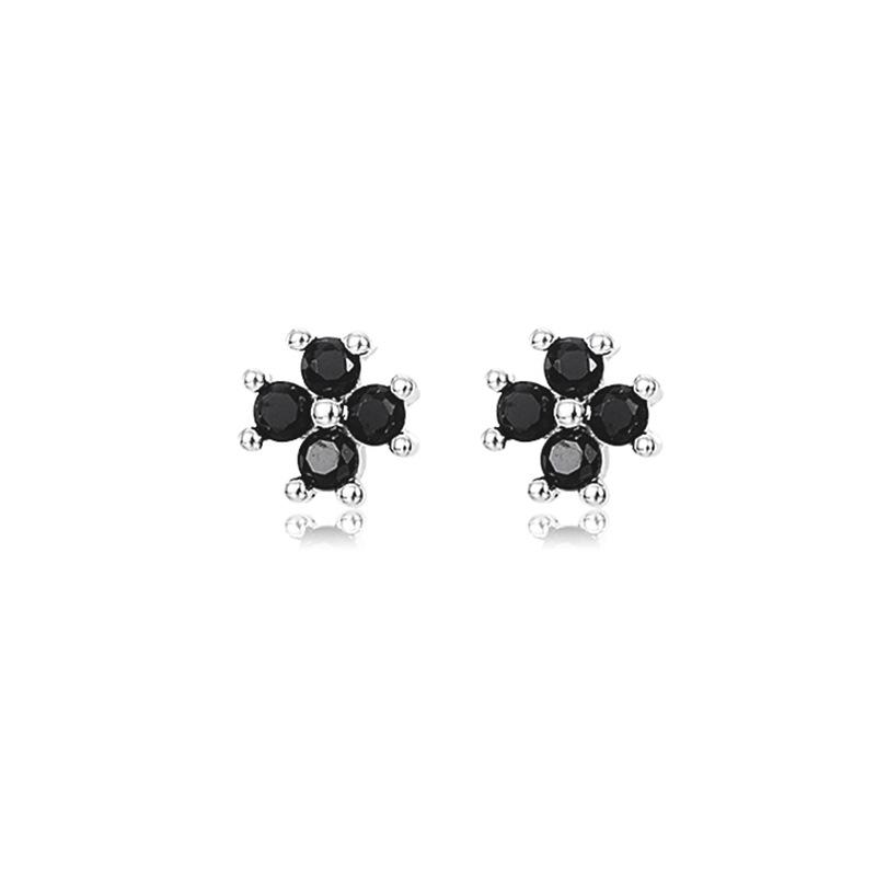 S925 Silver Clover Black Zircon Flower Plant Stud Earrings for Women Fine Jewelry High Luxury Vintage Accessories