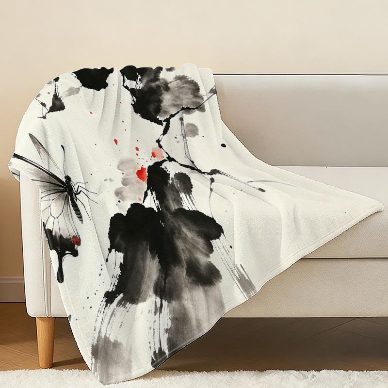 Lightweight Flannel Blanket Ink Wash Butterfly Pattern, Soft & Skin-friendly Throw, Ideal for Home, Nap, Car Use, Halloween & Christmas Decor