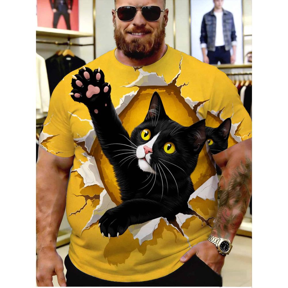 

Men s large size short-sleeved T-shirt 3D cat pattern fun printed round neck loose summer casual trendy short-sleeved top S