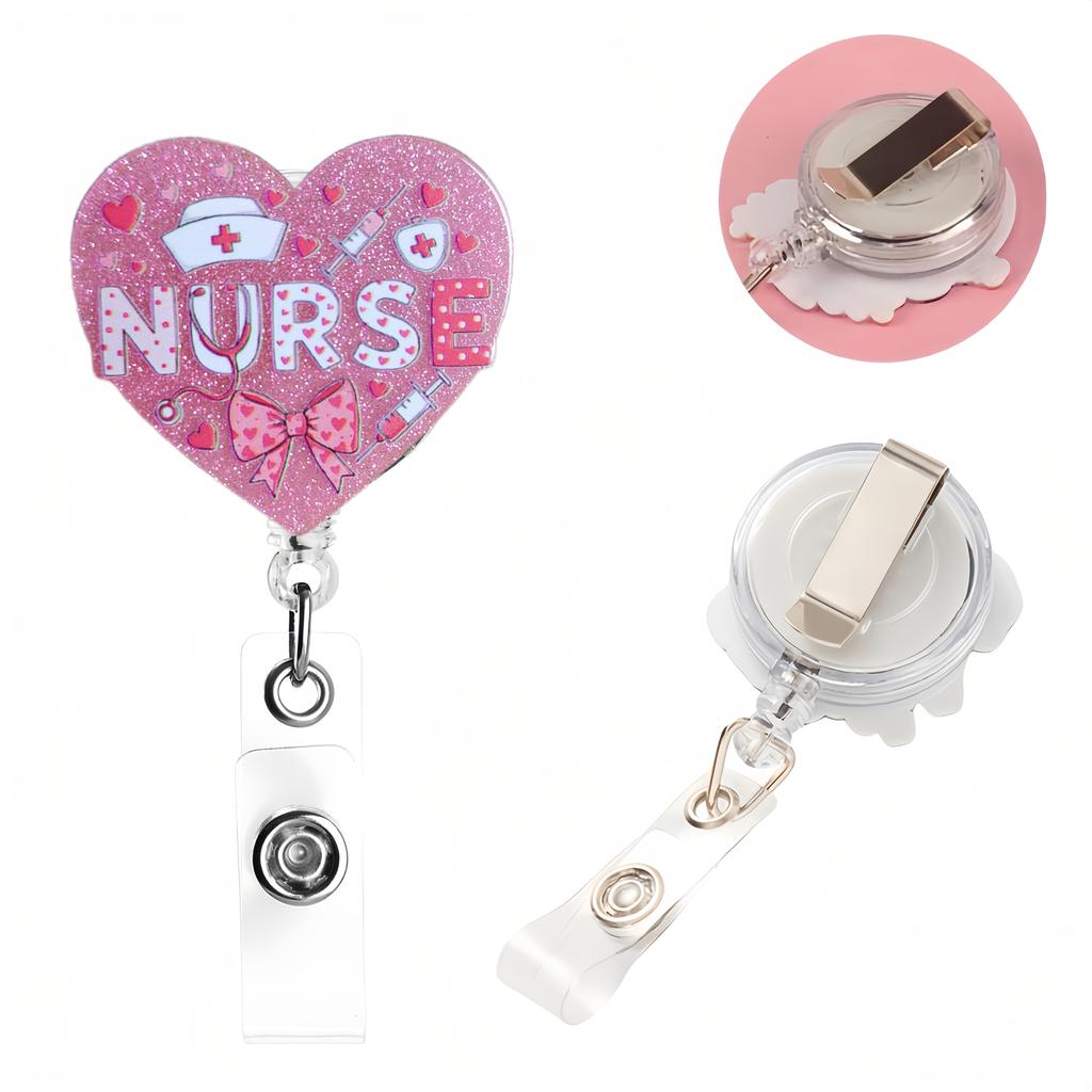 Adorable Style NURSE Pattern Retractable Badge Reel with Pink Medical Emblem, ID Card Holder