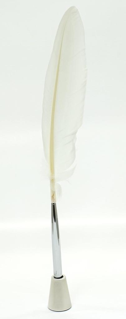 2 Set Pack Japanese Processed Turkey Feather Brass Disc Pen Brasda Cap Pen Stand White Feather + Q-S1P2WT-2-W