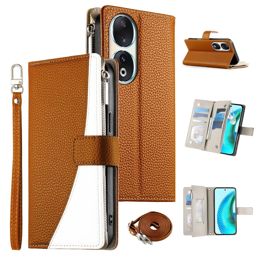 For Honor 90 Case Zipper Wallet Color Splicing Leather Flip Phone Cover with Straps