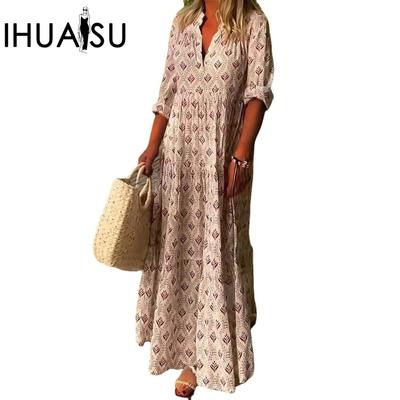 Frauen Sommer Vintage Stehkragen Große Größe Mode Lose Kleider Lange