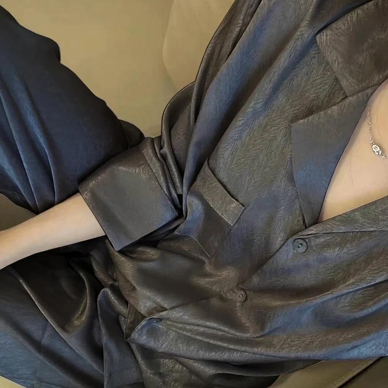 Lazy Temperament Eleganter schwarzer Damen-Pyjama Klassische feste Fischgräten-Twill-Nachtwäsche Neues Herbst-Damen-Nachthemd