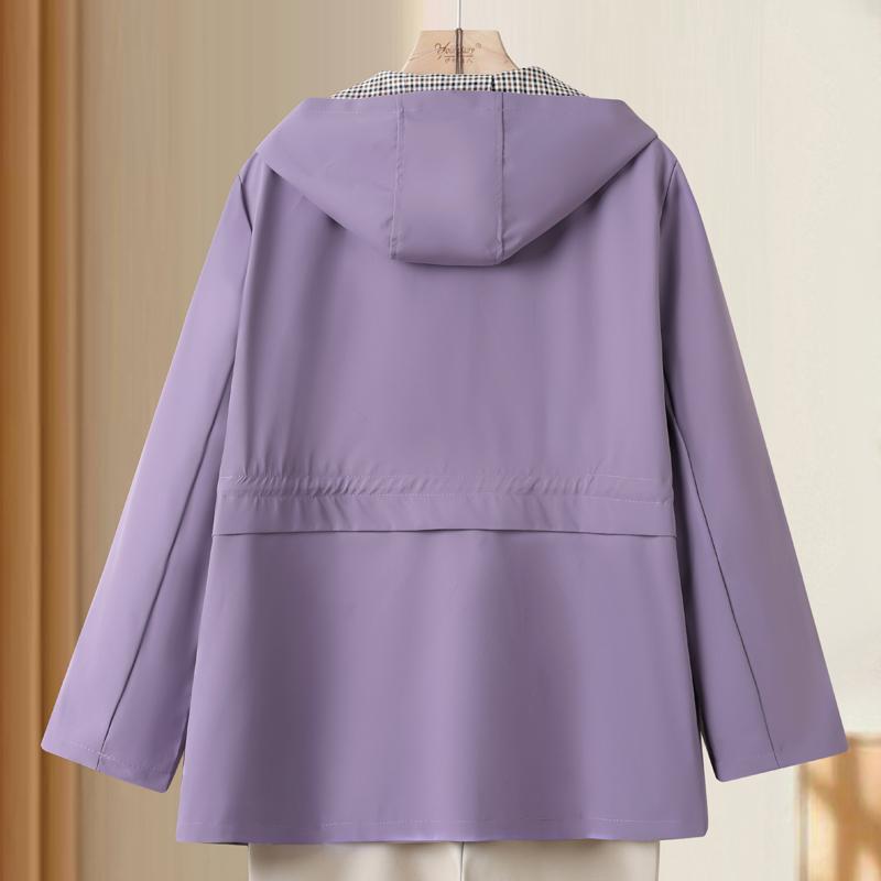 Women's Plus Size Casual Hooded Coat – Plaid Trim Hood Windproof Jacket (Sizes 3XL-7XL) for Middle-Aged Women