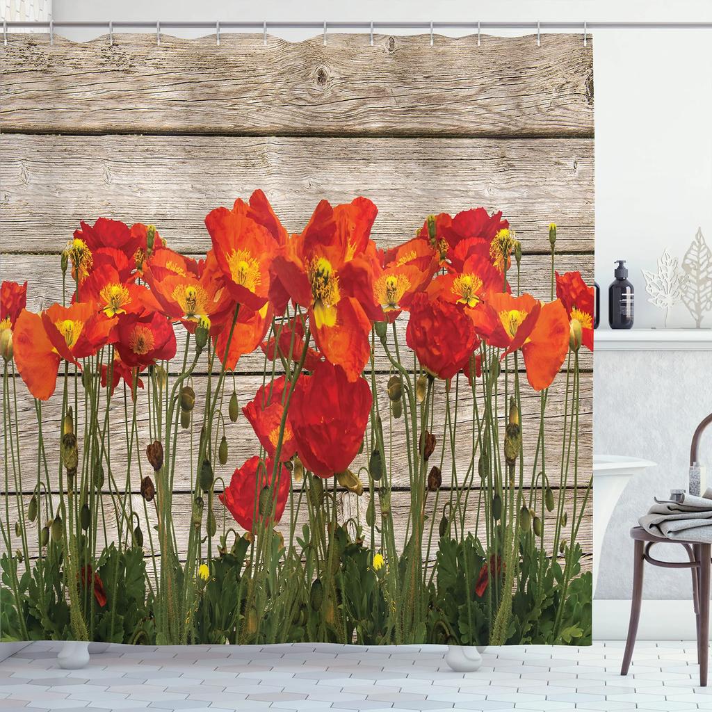 Red Poppy Flower Shower Curtain with Hooks, Washable Fabric, Bathroom Curtains, Floral