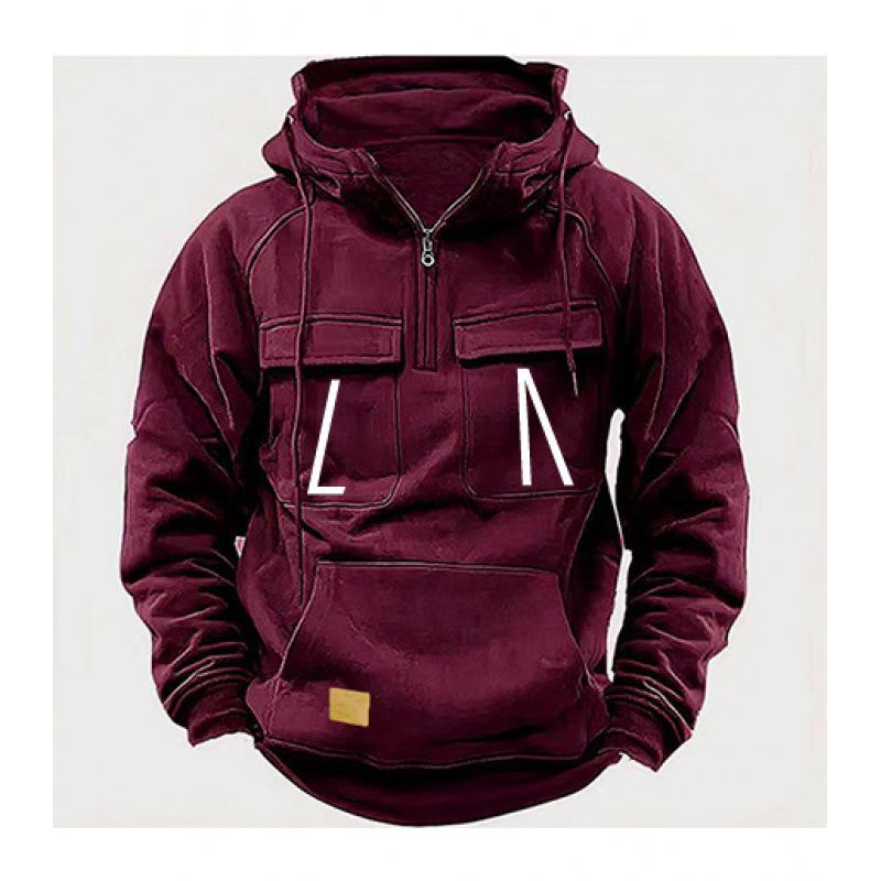 2024 Vintage Men's Distressed Hooded Sweatshirt with Multi-Pocket Zipper