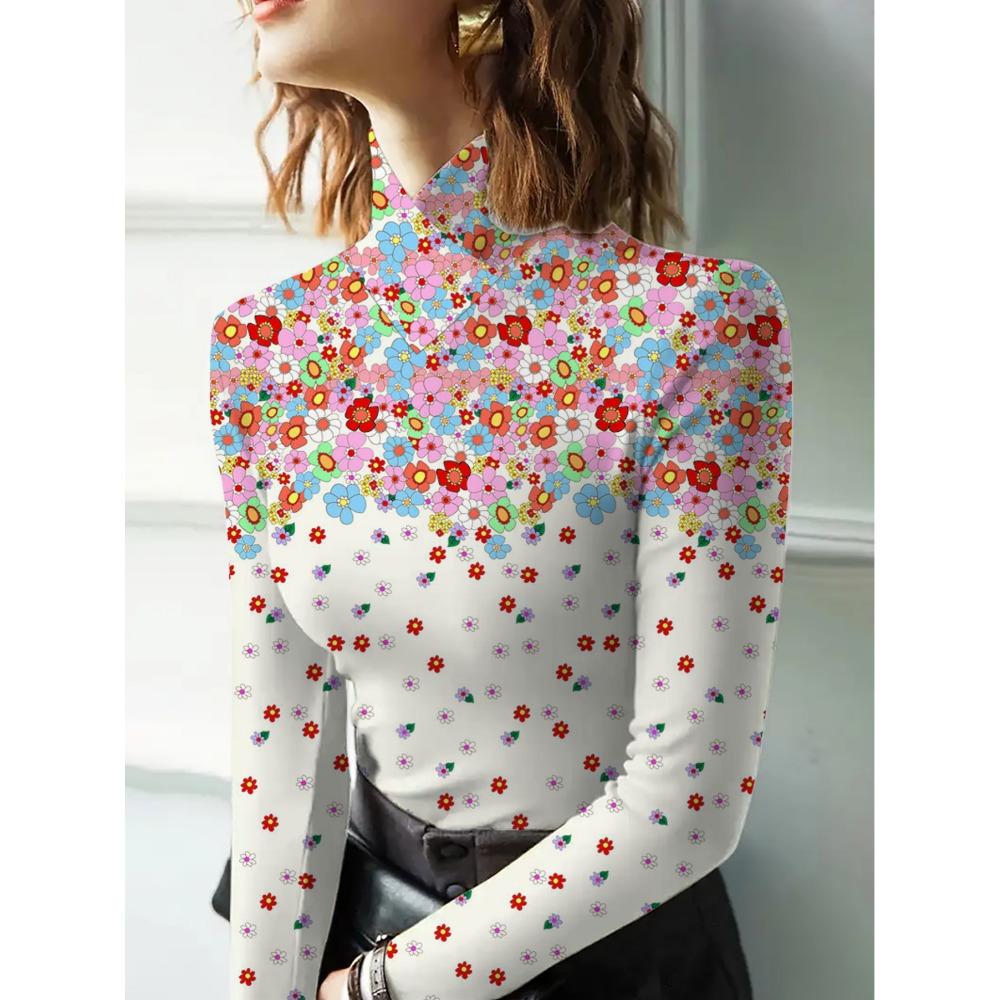 Women's Cheongsam Collar Long-sleeved T-shirt, Regular Version, with Small Flower Print, Spring and Autumn Collection