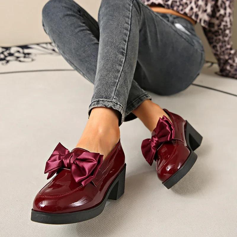 Fashion 2025 Spring Sweet Bowknot Square Heel Pumps Woman Black Patent Leather Women's Loafers Platform Slip on Heeled Shoes for Women