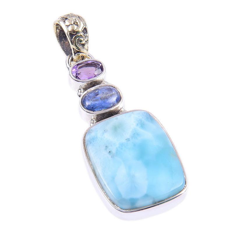 Natural Republic Larimar,Kyanite Gemstone 925 Solid Silver Pendant 1.75'' h9B50
