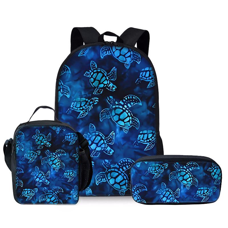 Schildkrötenmuster Dreiteiliges Rucksäcke Set für Jungen und Mädchen Beste Geschenke 2D Flacher Cartoon Schulrucksack für Kinder