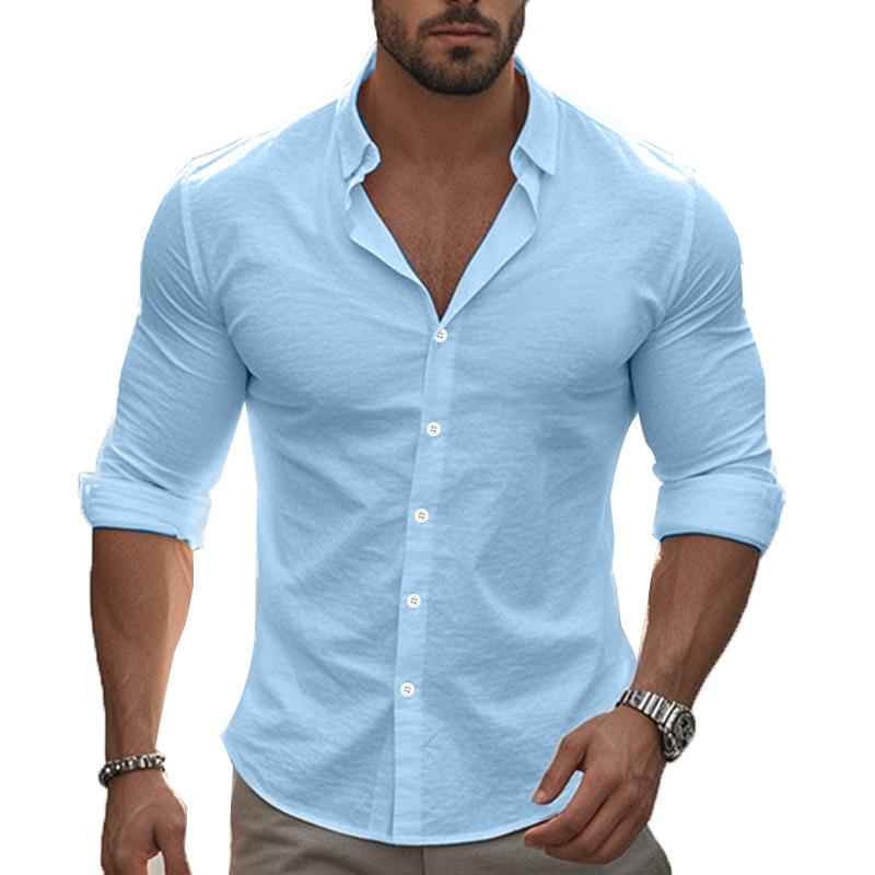 New Casual Solid-Colour Long-Sleeved Shirt Cotton Collared Button-Down Long-Sleeved Beach Shirt Top for Men
