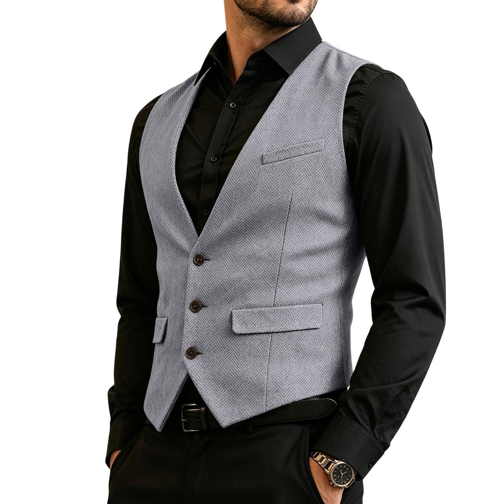 Herren Business Weste Slim Fit Formale Weste Knopfleiste Anzugweste mit Mehreren Taschen für Büro und Freizeit
