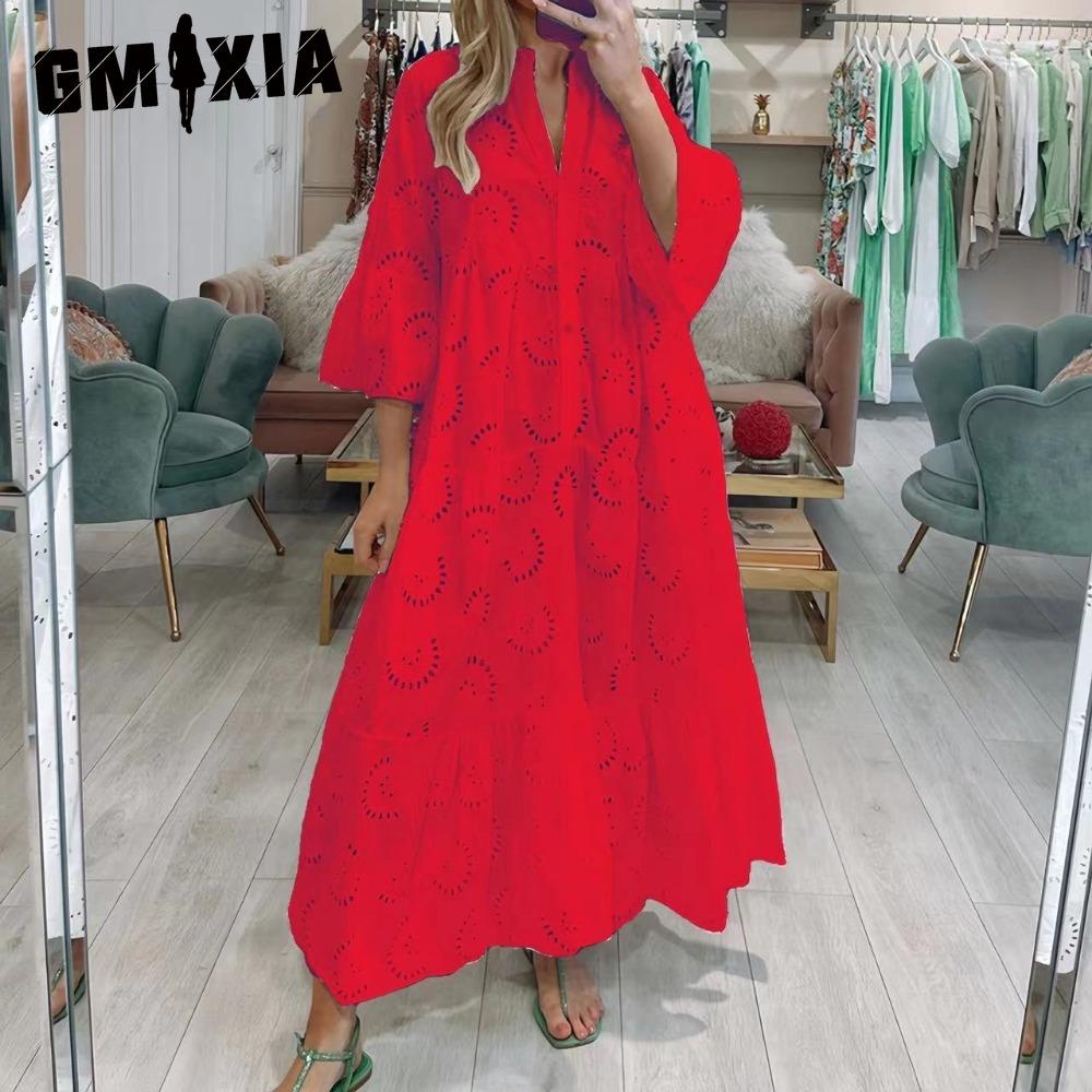 GMXIA 8 Colors S-5XL Women's Fashion Summer Spring Solid Color Print 3/4 Sleeve V-Neck Casual Dresses