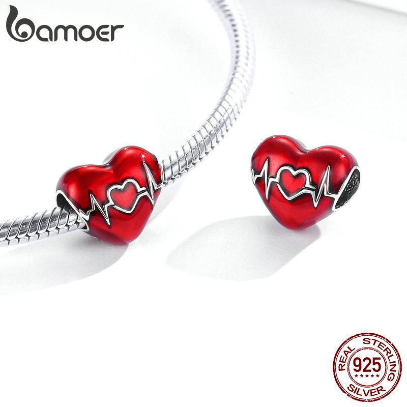 Bamoer Red Heart-shaped Enamel Beads 925 Sterling Silver Jewelry Unique Love Metal Charm Fit Original Bracelet