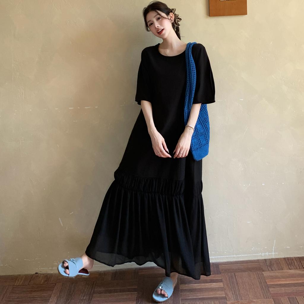 DIMANAF Kobiety 2025 Sukienka Plus Size Lato Sukienka Vintage Podstawowa Długa Codzienna Luźna Jednolita Czarna Sukienka Maxi