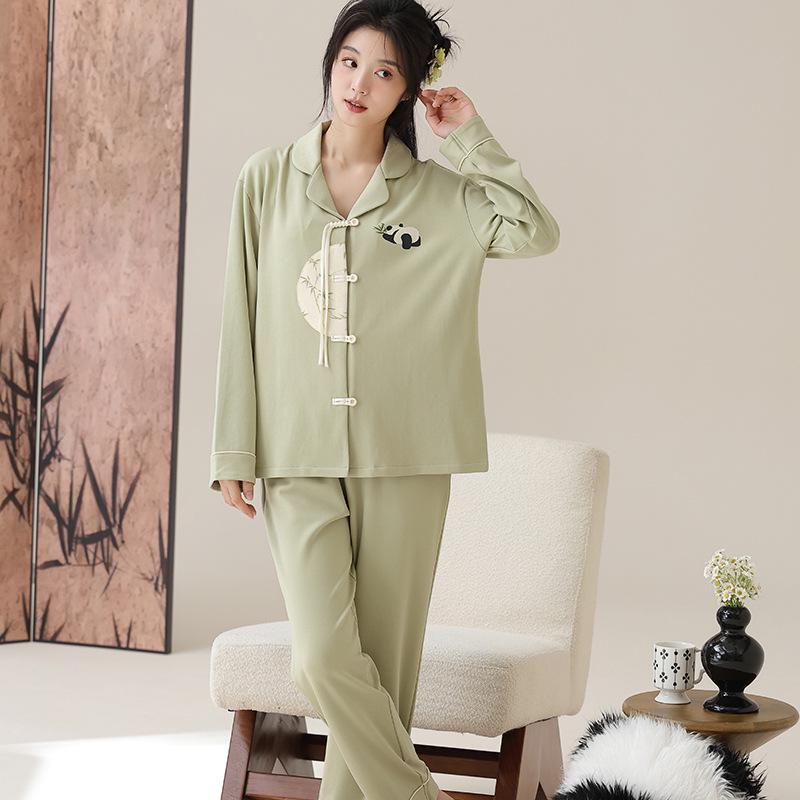 Women's Long Sleeve Cotton Pajamas: Chinese-Style, Loose-Fit, Printed Cardigan Set for Spring and Autumn