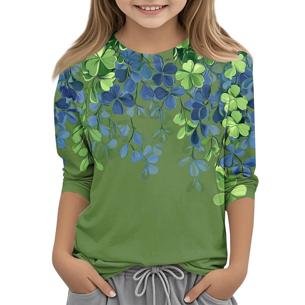St. Patrick's Day Print Tops For Youth Girls 4-11 Years Round Neck 3/4 Sleeves T-Shirts Trendy Tops Outfit Tees