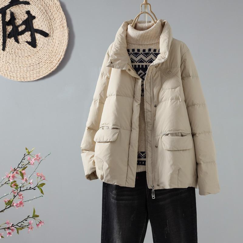 

2024 зима новый воротник-стойка повседневный белый утиный пух женская свободная литературный дизайн короткая зимняя одежда S чёрный