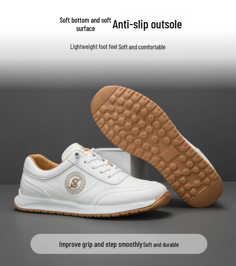 European Men's Genuine Cowhide Leather Casual White Sneakers - Breathable, Non-slip, Outdoor Fitness Shoes