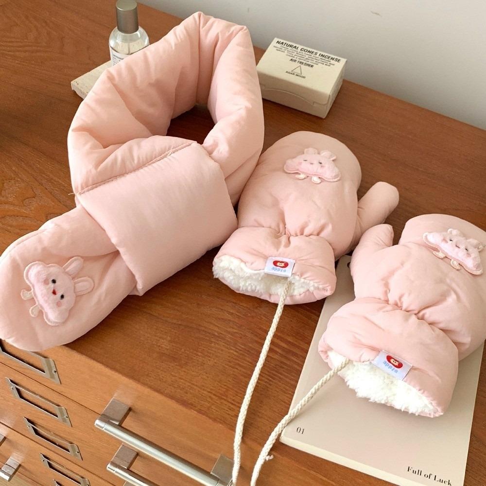 Neck String Pink Bunny Puppy Mittens Fleece Lined Thick Warm Gloves Cold Weather