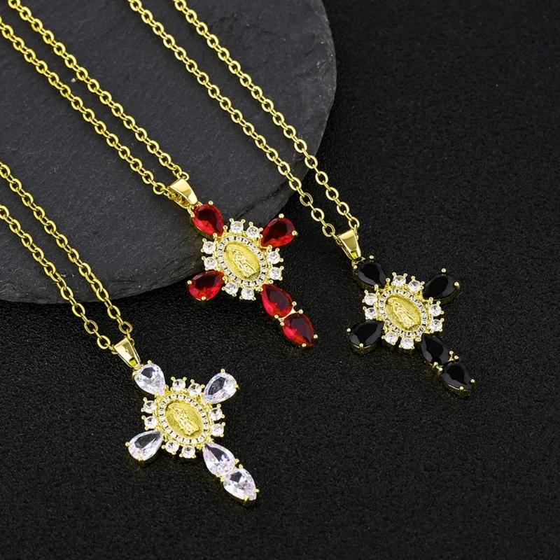 Crucifix Pendant Necklace Unique Cross Maria Charm Clavicle Chain Adjustable Choker Ethnic Style Jewelry Accessory