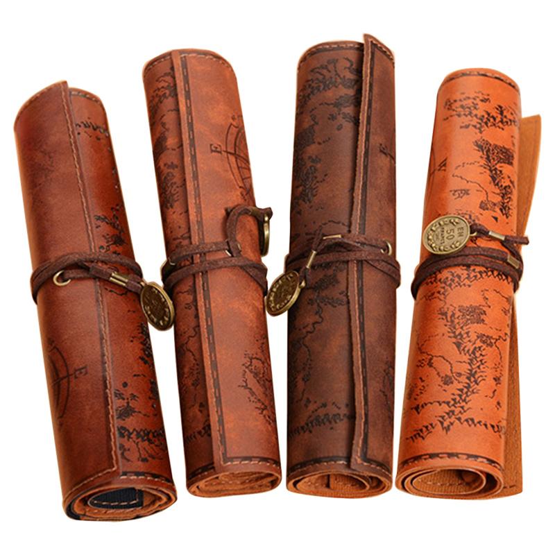 Vintage Retro Treasure Map Canvas Leather Pencil Cases Large Cpacity Makeup Brush Pouch Stationery Storage Bags Supplies