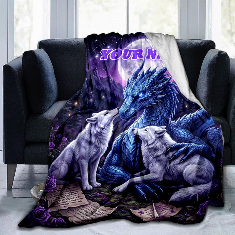 1PC Custom Name Dragon Wolves Moonlight Blanket Versatile,all-season Throw Suitable for the Living Room,bedroom,camping,travel,and Gift