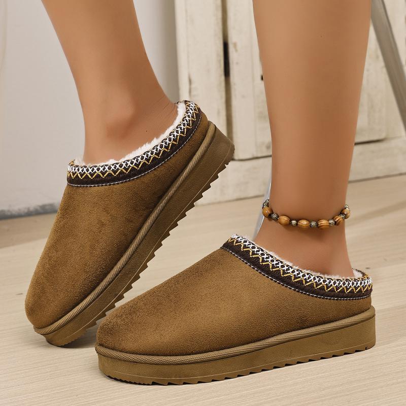 Fashion Ethnic Geometric Embroidery Close Toe Cotton Slides Women 2025 Short Plush Flat Heel Snow Boots Winter Warm Indoor Slippers