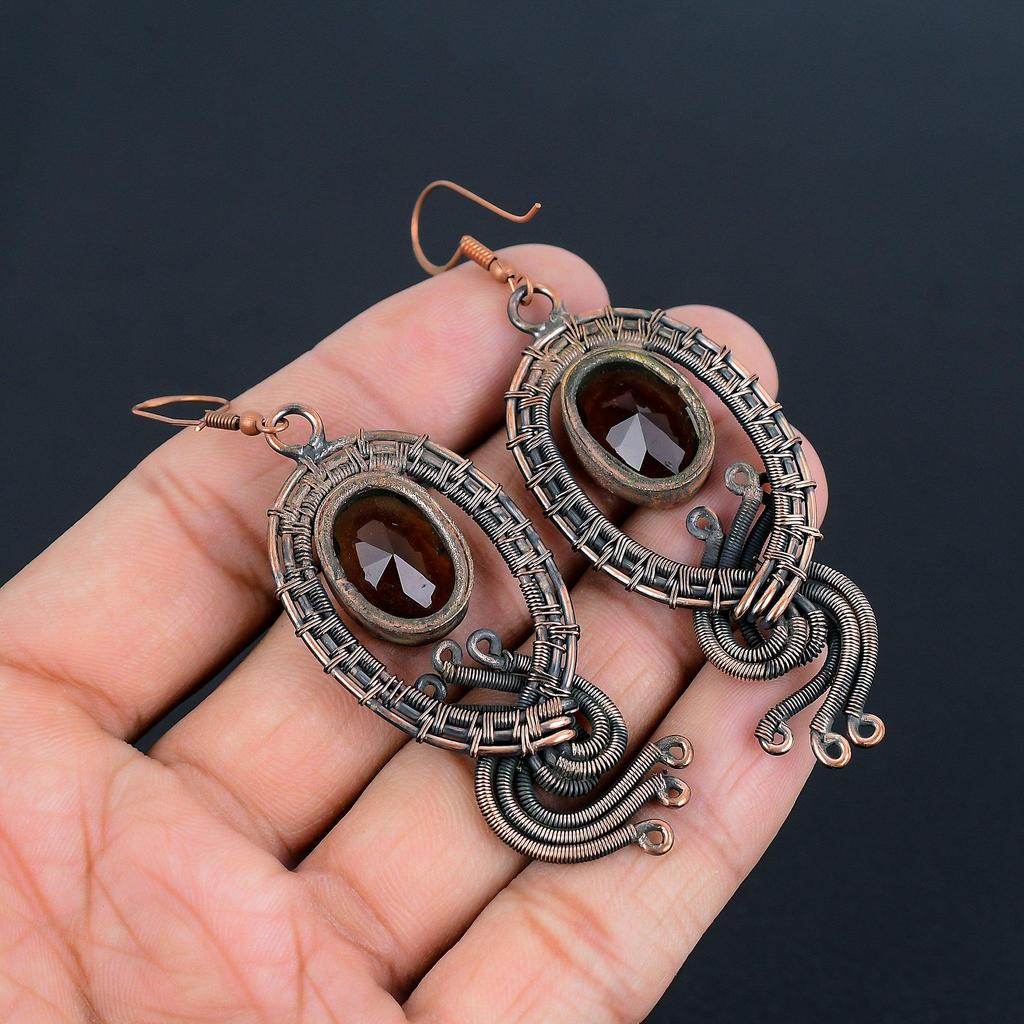 Smokey Topaz Earrings Gemstone Jewelry, 999 Copper Wire Wrapped Handmade Earrings, Latest Design Jewelry