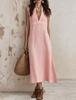 2026 New Women's Sleeveless Stand-up Neck V-neck Dress, High Waist Loose Split Fork Summer Casual Long