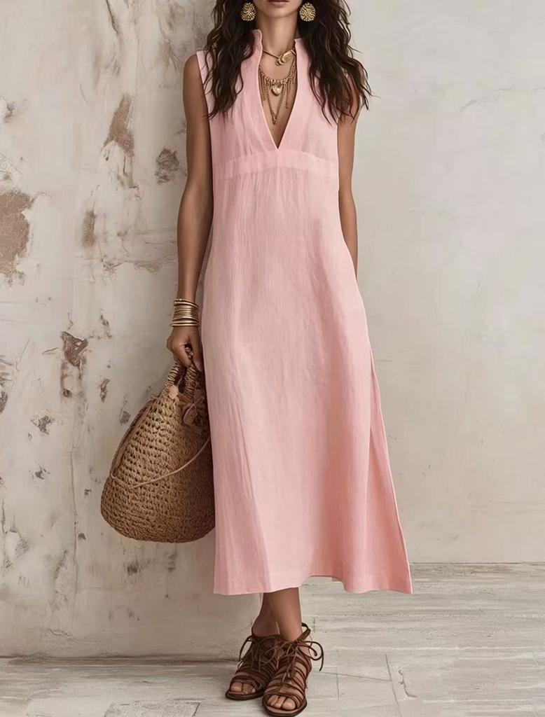 2026 New Women's Sleeveless Stand-up Neck V-neck Dress, High Waist Loose Split Fork Summer Casual Long